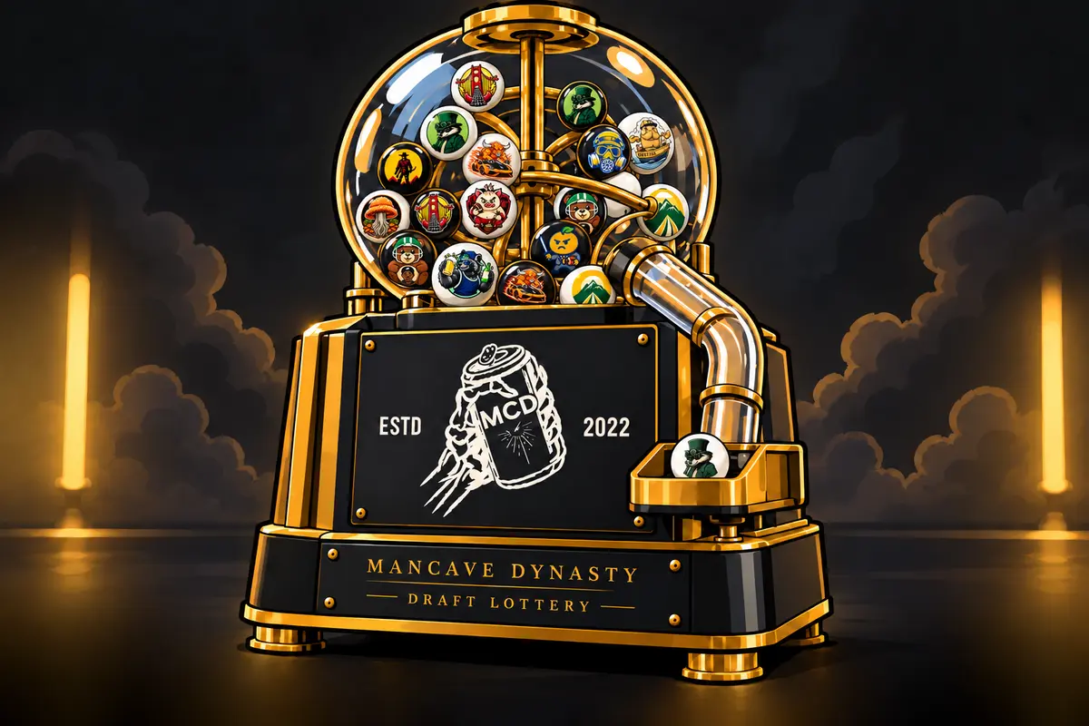 MCD draft lottery machine filled with franchise-logo balls, with an EMRs ball in the draw tray.